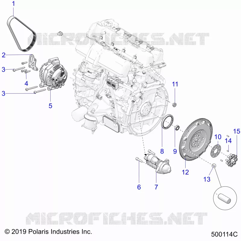 ENGINE, ALTERNATEUR, FLYWHEEL, AND STARTER